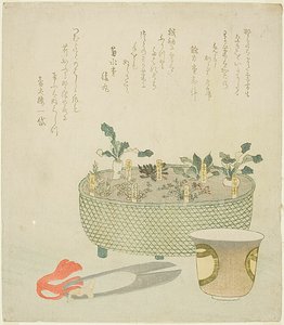 Les sept herbes (Nanakusa), avec ciseaux et tasse à thé