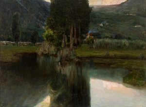 Lac avec cyprès et maisons, 1923
