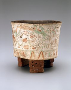 Vase tripode avec deux souffleurs et oiseaux quetzal dans des cacaoyers, fin Xolalpan, 550-650 - Teotihuacan Teotihuacan