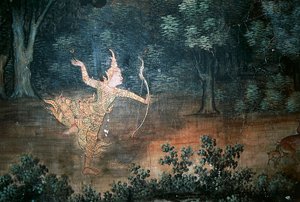 Apsara, fresques avec des scènes de la vie de Bouddha, Wat Suwan Dararam, Parc Historique d