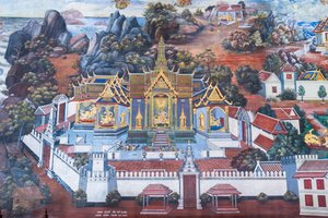 Fresque représentant des scènes du Ramayana au Wat Phra Kaeo, Palais Royal, Bangkok, Thaïlande - Thai School