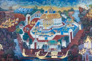 Fresque représentant des scènes du Ramayana au Wat Phra Kaeo, Palais Royal, Bangkok, Thaïlande - Thai School