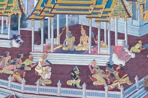 Fresque représentant des scènes du Ramayana au Wat Phra Kaeo, Palais Royal, Bangkok, Thaïlande - Thai School