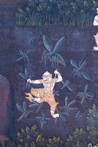 Fresque représentant des scènes du Ramayana au Wat Phra Kaeo, Palais Royal, Bangkok, Thaïlande - Thai School