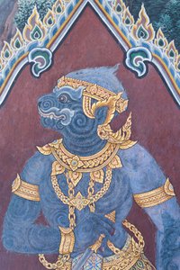 Fresque représentant des scènes du Ramayana au Wat Phra Kaeo, Palais Royal, Bangkok, Thaïlande - Thai School