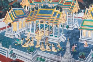 Fresque représentant des scènes du Ramayana au Wat Phra Kaeo, le Grand Palais Royal, Bangkok, Thaïlande - Thai School