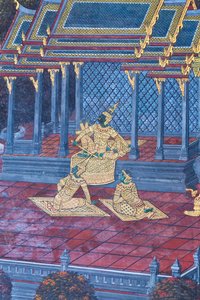 Peinture murale représentant des scènes du Ramayana au Wat Phra Kaeo, le Palais Royal, Bangkok, Thaïlande - Thai School