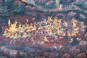 Fresque représentant des scènes du Ramayana au Wat Phra Kaeo, le Palais Royal, Bangkok, Thaïlande - Thai School