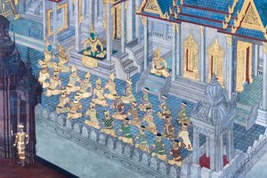 Fresque représentant des scènes du Ramayana au Wat Phra Kaeo, le Palais Royal, Bangkok, Thaïlande - Thai School