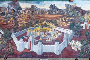 Fresque représentant des scènes du Ramayana au Wat Phra Kaeo, le Palais Royal, Bangkok, Thaïlande - Thai School
