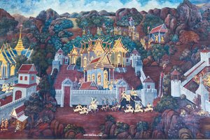 Fresque représentant des scènes du Ramayana au Wat Phra Kaeo, Palais Royal, Bangkok, Thaïlande - Thai School