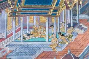 Fresque représentant des scènes du Ramayana au Wat Phra Kaeo, Palais Royal, Bangkok, Thaïlande - Thai School
