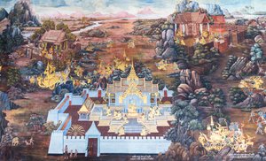 Fresque représentant des scènes du Ramayana au Wat Phra Kaeo, Palais Royal, Bangkok, Thaïlande - Thai School