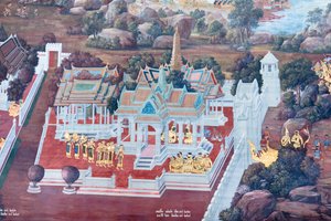 Fresque représentant des scènes du Ramayana au Wat Phra Kaeo, Palais Royal, Bangkok, Thaïlande - Thai School
