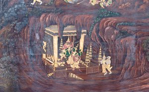 Fresque représentant des scènes du Ramayana au Wat Phra Kaeo, Palais Royal, Bangkok, Thaïlande - Thai School