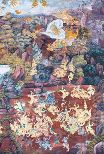 Fresque représentant des scènes du Ramayana au Wat Phra Kaeo, Palais Royal, Bangkok, Thaïlande - Thai School