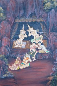 Fresque représentant des scènes du Ramayana au Wat Phra Kaeo, Palais Royal, Bangkok, Thaïlande - Thai School