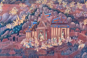 Fresque représentant des scènes du Ramayana au Wat Phra Kaeo, Palais Royal, Bangkok, Thaïlande - Thai School