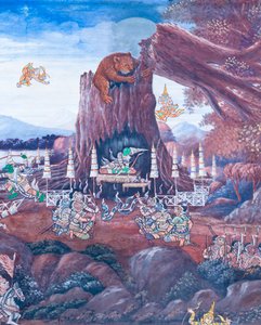 Fresque représentant des scènes du Ramayana au Wat Phra Kaeo, Palais Royal, Bangkok, Thaïlande - Thai School