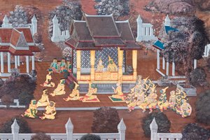 Fresque représentant des scènes du Ramayana au Wat Phra Kaeo, Palais Royal, Bangkok, Thaïlande - Thai School