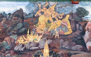 Fresque représentant des scènes du Ramayana au Wat Phra Kaeo, le Palais Royal, Bangkok, Thaïlande - Thai School