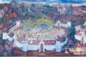 Fresque représentant des scènes du Ramayana au Wat Phra Kaeo, le Palais Royal, Bangkok, Thaïlande - Thai School