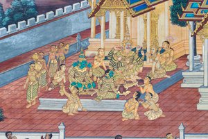 Fresque représentant des scènes du Ramayana au Wat Phra Kaeo, le Palais Royal, Bangkok, Thaïlande - Thai School