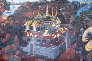 Fresque représentant des scènes du Ramayana au Wat Phra Kaeo, le Grand Palais Royal, Bangkok, Thaïlande - Thai School