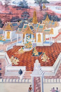 Fresque représentant des scènes du Ramayana au Wat Phra Kaeo, le Grand Palais Royal, Bangkok, Thaïlande - Thai School