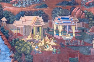Fresque représentant des scènes du Ramayana au Wat Phra Kaeo, le Grand Palais Royal, Bangkok, Thaïlande - Thai School