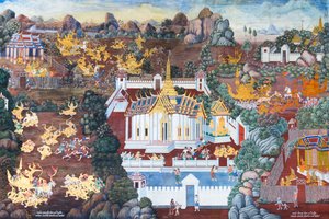 Fresque représentant des scènes du Ramayana au Wat Phra Kaeo, le Grand Palais Royal, Bangkok, Thaïlande - Thai School
