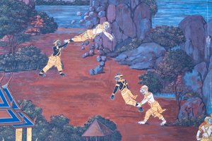 Fresque représentant des scènes du Ramayana au Wat Phra Kaeo, le Grand Palais Royal, Bangkok, Thaïlande - Thai School