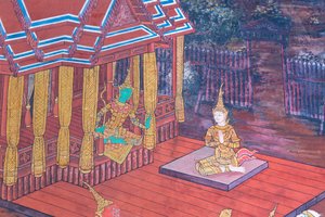 Fresque représentant des scènes du Ramayana au Wat Phra Kaeo, le Grand Palais Royal, Bangkok, Thaïlande - Thai School