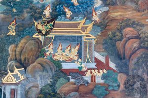 Fresque représentant des scènes du Ramayana au Wat Phra Kaeo, le Grand Palais Royal, Bangkok, Thaïlande - Thai School