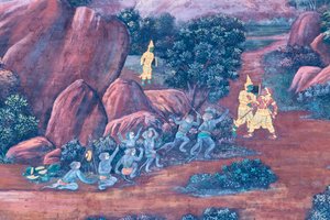 Fresque représentant des scènes du Ramayana au Wat Phra Kaeo, le Grand Palais Royal, Bangkok, Thaïlande - Thai School