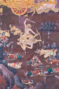 Fresque représentant des scènes du Ramayana au Wat Phra Kaeo, le Grand Palais Royal, Bangkok, Thaïlande - Thai School