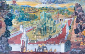 Fresque représentant des scènes du Ramayana au Wat Phra Kaeo, le Palais Royal, Bangkok, Thaïlande - Thai School
