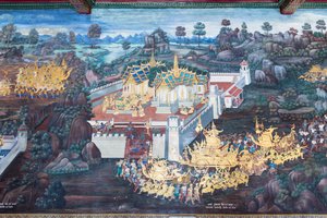 Fresque représentant des scènes du Ramayana au Wat Phra Kaeo, le Palais Royal, Bangkok, Thaïlande - Thai School