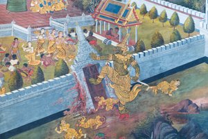 Fresque représentant des scènes du Ramayana au Wat Phra Kaeo, le Palais Royal, Bangkok, Thaïlande - Thai School