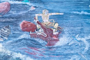 Fresque représentant des scènes du Ramayana au Wat Phra Kaeo, le Palais Royal, Bangkok, Thaïlande - Thai School