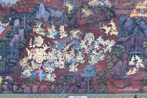 Fresque représentant des scènes du Ramayana au Wat Phra Kaeo, le Palais Royal, Bangkok, Thaïlande - Thai School