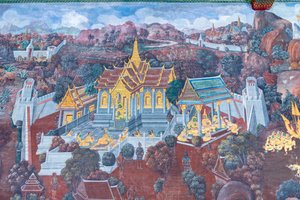 Fresque représentant des scènes du Ramayana au Wat Phra Kaeo, le Palais Royal, Bangkok, Thaïlande - Thai School