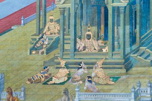 Fresque représentant des scènes du Ramayana au Wat Phra Kaeo, le Palais Royal, Bangkok, Thaïlande - Thai School