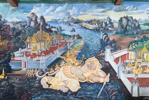 Fresque représentant des scènes du Ramayana au Wat Phra Kaeo, le Palais Royal, Bangkok, Thaïlande - Thai School