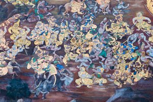 Fresque représentant des scènes du Ramayana au Wat Phra Kaeo, le Palais Royal, Bangkok, Thaïlande - Thai School