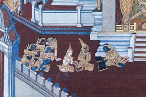 Fresque représentant des scènes du Ramayana au Wat Phra Kaeo, le Palais Royal, Bangkok, Thaïlande - Thai School