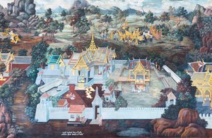 Fresque représentant des scènes du Ramayana à Wat Phra Kaeo, le Grand Palais Royal, Bangkok, Thaïlande - Thai School