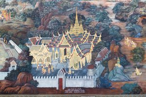 Fresque représentant des scènes du Ramayana à Wat Phra Kaeo, le Grand Palais Royal, Bangkok, Thaïlande - Thai School