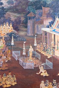 Fresque représentant des scènes du Ramayana à Wat Phra Kaeo, le Grand Palais Royal, Bangkok, Thaïlande - Thai School