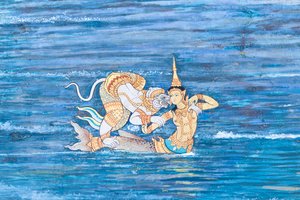 Fresque représentant des scènes du Ramayana à Wat Phra Kaeo, le Grand Palais Royal, Bangkok, Thaïlande - Thai School